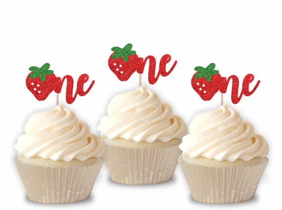 12 Strawberry Cupcake Toppers, Birthday Cupcake Toppers, 1st Birthday Decor, Strawberry Party, Strawberry Theme Il_570xn