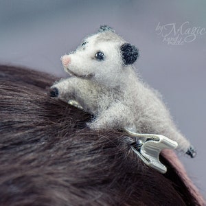 Hair clip with a needle felted opossum, hair accessories, gift for her