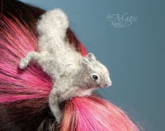 Squirrel hairpin, animal hairpin, needle felted gray squirrel, bobby pin, unusual hair accessories, squirrel gifts
