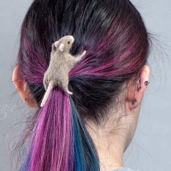 Bobby pin with a needle felted rat, wool hairpin