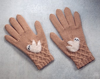 Hand knitted women gloves with sloth, animal mittens, wool accessories, gift for sloth lover