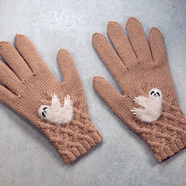 Hand knitted women gloves with sloth, animal mittens, wool accessories, gift for sloth lover