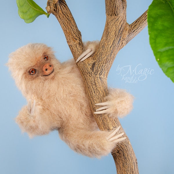 Needle felted sloth, wool baby animal, fluffy toy, two toed sloth, animal lover gift