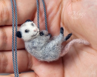 Opossum necklace, needle felt opossum, small oppossum charm, wool jewelry, gift for girl