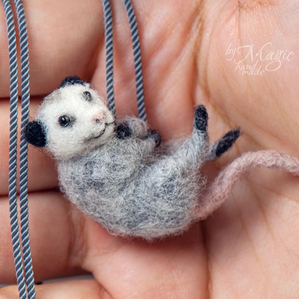 Opossum necklace, needle felt opossum, small oppossum charm, wool jewelry, gift for girl