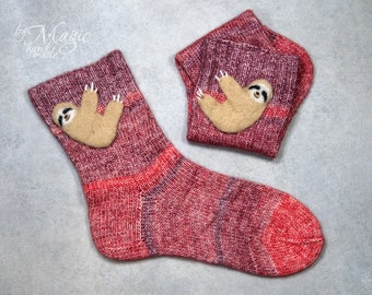 Hand knitted wool socks with sloths, needle felted sloth, red christmas socks, sloth socks