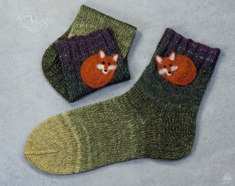 Hand knitted socks with foxes, natural wool socks