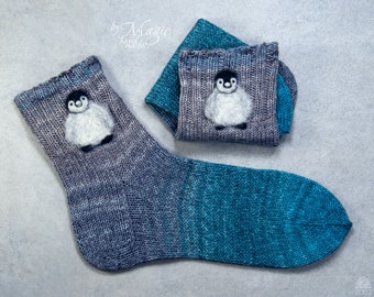 Hand knitted socks with penguins, christmas socks