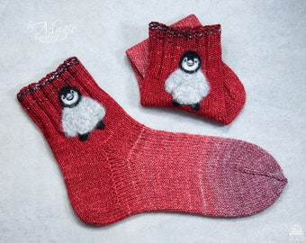 Red winter socks with needle felted penguin, christmas gifts