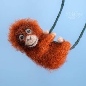 Needle Felted Orangutan Necklace: Soft Wool Monkey Pendant