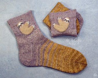 Hand knitted wool socks with felted sloths, yellow winter socks