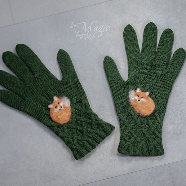 Hand knitted wool gloves with foxes, green women gloves, natural wool gloves, mittens with foxes