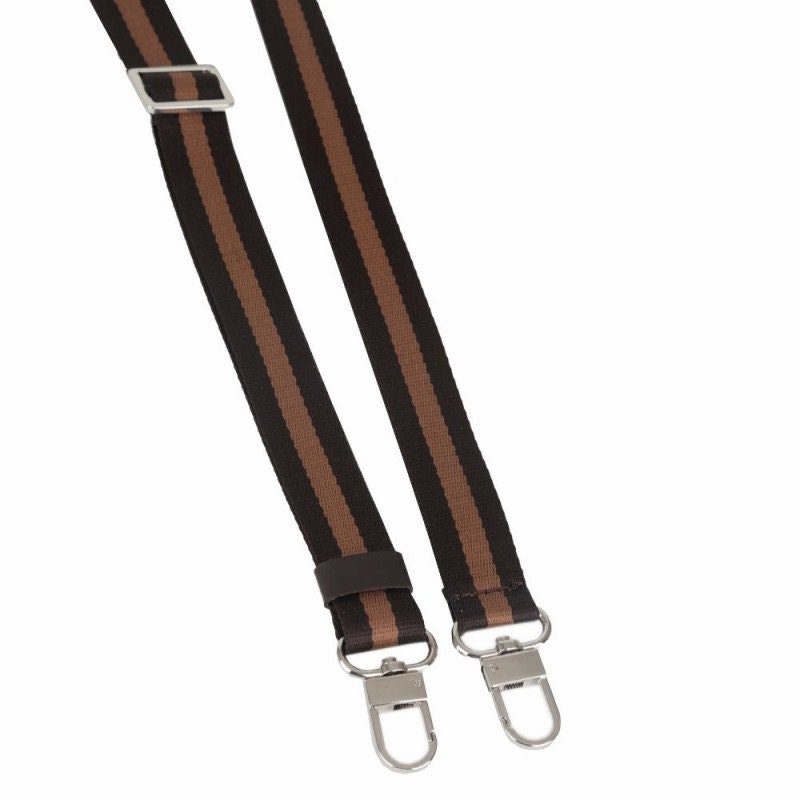 Replacement stripped slim handbag strap with carabiner slide hook in dark  brown and tan brown with 1 width