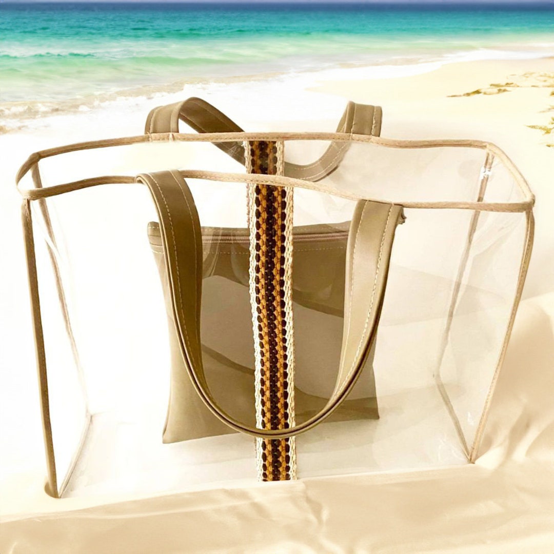 Clear Beach Tote Bag With Leather Zipper Clutch in Taupe and Woven Strip Detailing Waterproof Beach Bag With Vegan Leather Handles Etsy