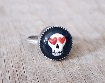 Skull Stacker Ring // MADE TO ORDER Sterling silver ring ft. porcelain cabochon. Skull Ring. Valentine's ring.