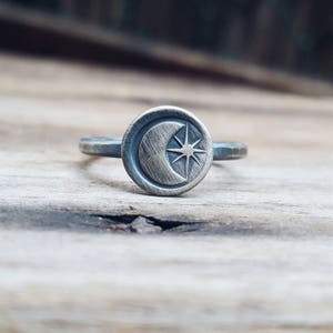Moon & Star Stacking Ring MADE TO ORDER  // Crescent ring. Sterling moon ring. Celestial jewelry. Handstamped charm.