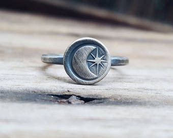 Moon & Star Stacking Ring MADE TO ORDER  // Crescent ring. Sterling moon ring. Celestial jewelry. Handstamped charm.