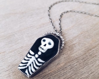 Skeleton Pendant // MADE TO ORDER Porcelain Pendant. Skeleton necklace. Sterling Silver Halloween Necklace.