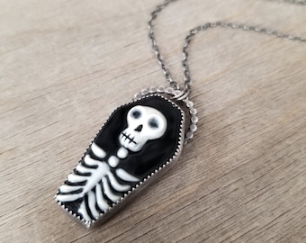 Skeleton Pendant // MADE TO ORDER Porcelain Pendant. Skeleton necklace. Sterling Silver Halloween Necklace.