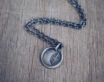 Moon & Star Charm Necklace // READY TO SHIP Crescent necklace. Sterling moon pendant. Celestial jewelry. Handstamped charm.