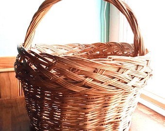 Vintage French Wicker Shopping Basket: Rustic Country Cottage Decor.