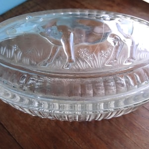 Vintage French glass butter dish embossed cow design lovely traditional butter dish authentic country cottage decor cow motif