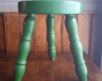 Beautiful painted vintage French wooden milking stool solid oak display stool plant pot stand