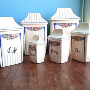 Set of 6 vintage French &#39;Moulin de loups&#39; canisters unique faience pottery storage jars authentic vintage  set rare collectors quality set