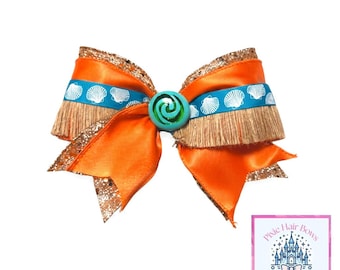 Island Princess Inspired Moana Hair Bow – Coral Ribbon, Fringe Accent
