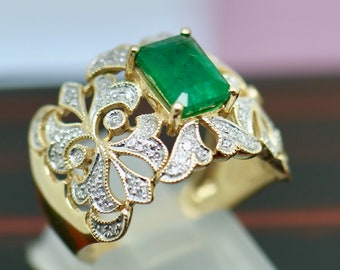 Estate Effy Brasilica 14K Yellow Gold Emerald & Diamonds Filigree BY Effy Jewelry Size 7 or N1/2