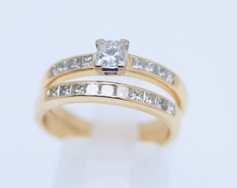 18K Solid Gold Vintage Jewellery Ring Set With Natural Diamond Brilliant Princess Cut Channel-Set Antique Jewelry Size P1/2 or 8