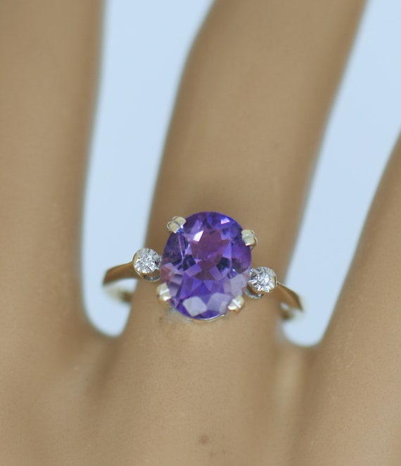 9K Solid Gold Ring Natural Diamonds Amethyst Stun… - image 3