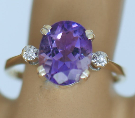 9K Solid Gold Ring Natural Diamonds Amethyst Stun… - image 1