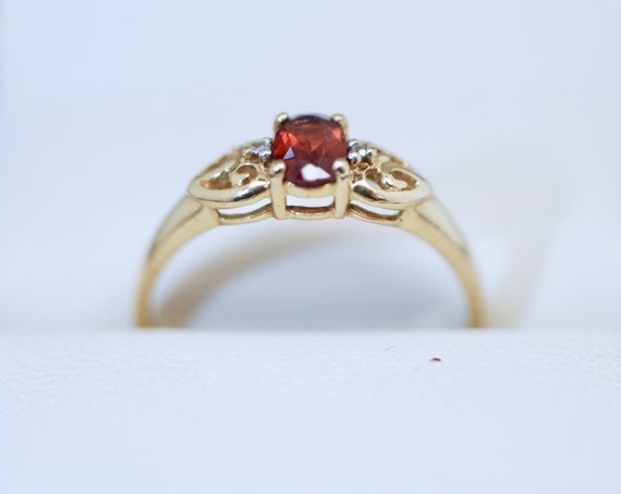 9K Solid Yellow Gold Ring Garnet Natural Diamond … - image 3