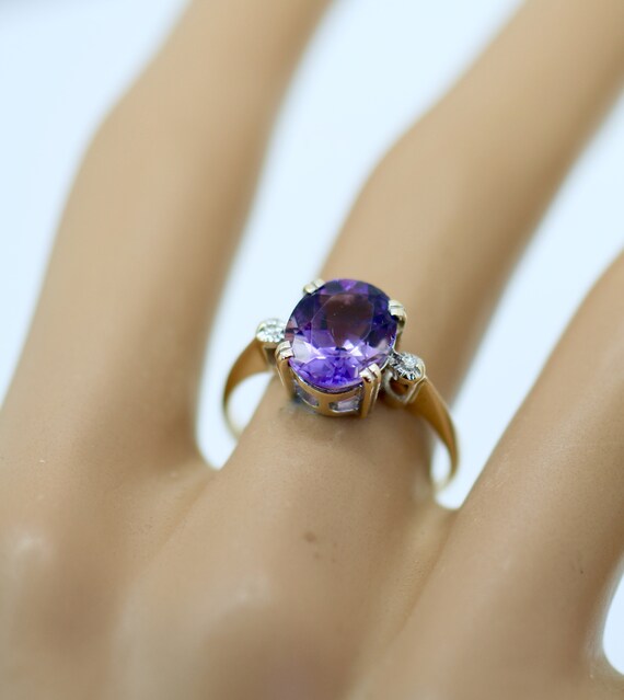 9K Solid Gold Ring Natural Diamonds Amethyst Stun… - image 2