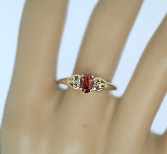 9K Solid Yellow Gold Ring Garnet Natural Diamond … - image 4