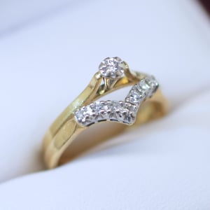 18K Solid Yellow White Gold Ring With Genuine Diamond Brilliant Round Cut Absolutely Unique Vintage Engagement Dress Ring L 6