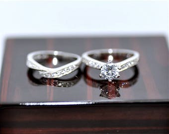 Round Cut diamond engagement ring Set , solitaire engagement ring,wedding ring, platinum ring, fine Sterling Silver rings,1.0 Carat