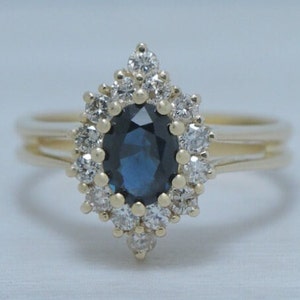 1.25Ctw Natural Diamond And Blue Sapphire Solid 18K Gold Ring Size 6 1/2