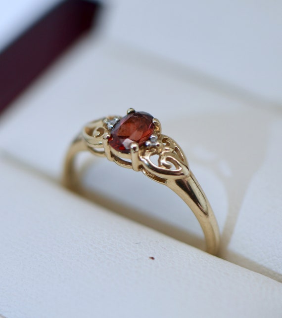 9K Solid Yellow Gold Ring Garnet Natural Diamond … - image 2