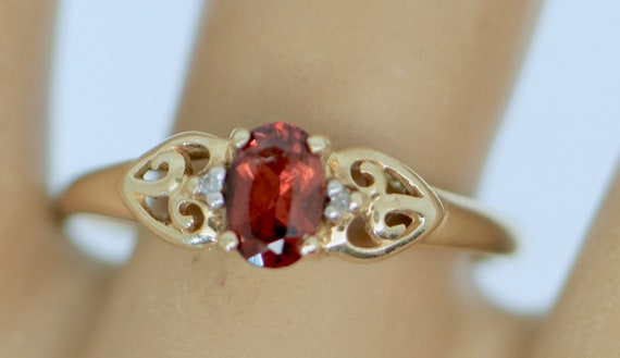 9K Solid Yellow Gold Ring Garnet Natural Diamond … - image 1