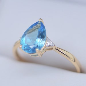 14 K solid Yellow Gold Schmuck Ring Set mit 2,51 Ct natürliche blaue Topas und Diamanten Art Deco Schmuck Größe 8 oder P1/2