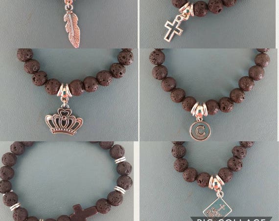 Black Lava Bead Bracelet Aromatherapy Essential Oil Diffuser Silver Charm Cross Bible Feather Initial Crown Young Living Doterra Religous