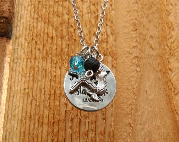 Beach "Mermaid kisses & Starfish wishes" Diffuser Necklace with Mermaid, Starfish, Blue Stone and Lava Bead on a 17" Chain Silver