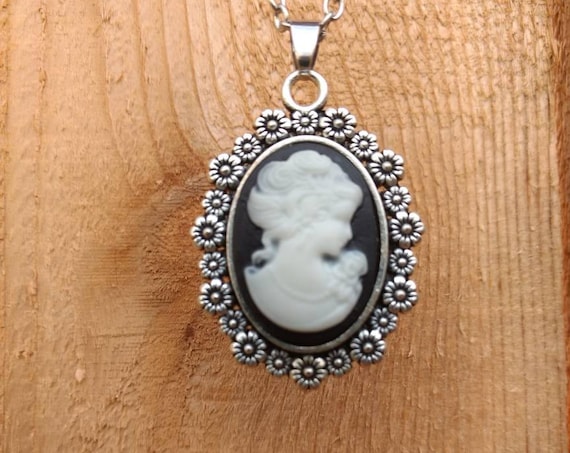 Black White Cameo Flowers Silver Diffuser Necklace Lava Bead Aromatherapy Essential Oils Birthday Graduation Gift Young Living Doterra Oils