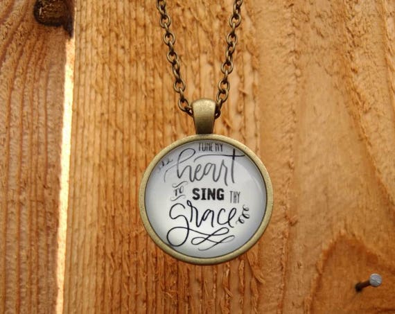 Bronze Cabochon Diffuser Necklace Gift Bible Scripture Tune my heart to sing thy grace Lava Bead Church Birthday Young Living Doterra SCRP2