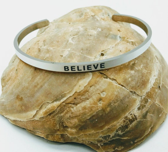 Inspirational Believe Engraved Bangle Cuff Bracelet Stainless Steel Word Silver Christian Religious Gift Mom Daughter Friend Christmas
