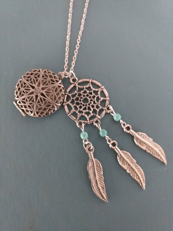 Southwestern Diffuser Necklace Dream Catcher Feathers Gunmetal Locket Aromatherapy Essential Oil Best Friend Gift Young Living Doterra Cork