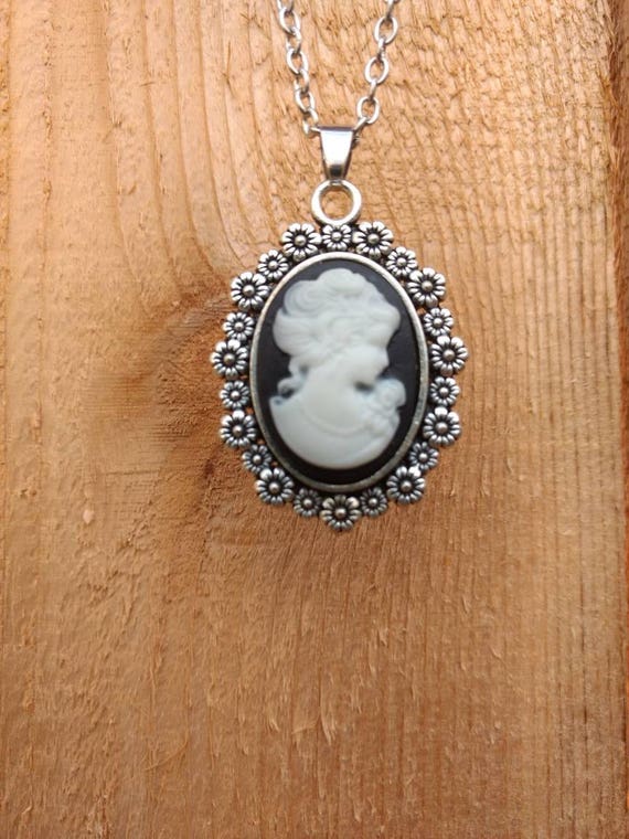 Black White Cameo Flowers Silver Diffuser Necklace Lava Bead Aromatherapy Essential Oils Birthday Graduation Gift Young Living Doterra Oils