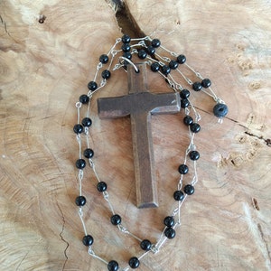 Wooden Cross Necklace Black Long Beaded Chain Aromatherapy Essential Oil Diffuser Necklace Christian Gift Young Living Doterra Lava Bead